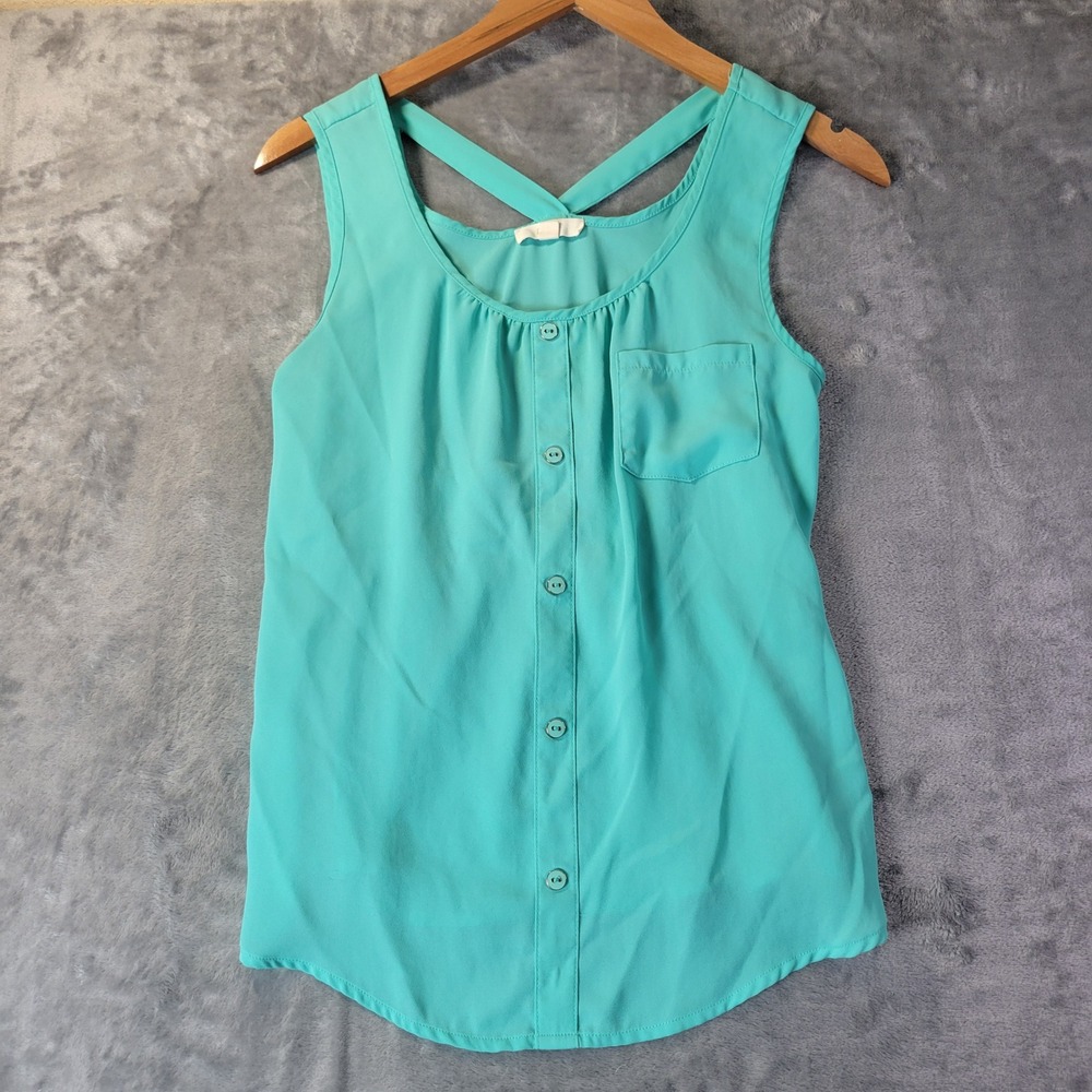 E&M Womens S Mint Green Button Front Tank‎ Crossback Pocket Top Lightweight